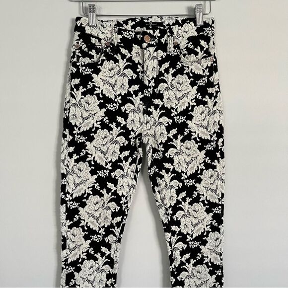 7 For All Mankind Black and White Embroidered Floral Skinny Pants, Size 26 - Picture 4 of 12